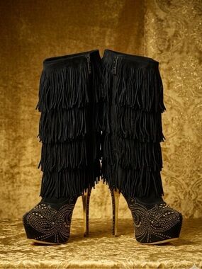 ALBA Black Fringe Platform Stiletto Boots size 10 Like New